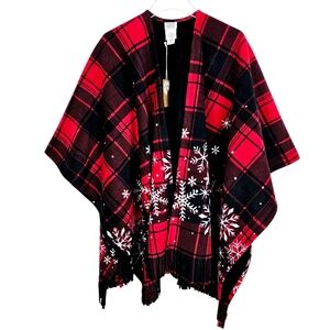White Pines Red Plaid Buffalo Check Snowflake Fringe Fleece Poncho NWT